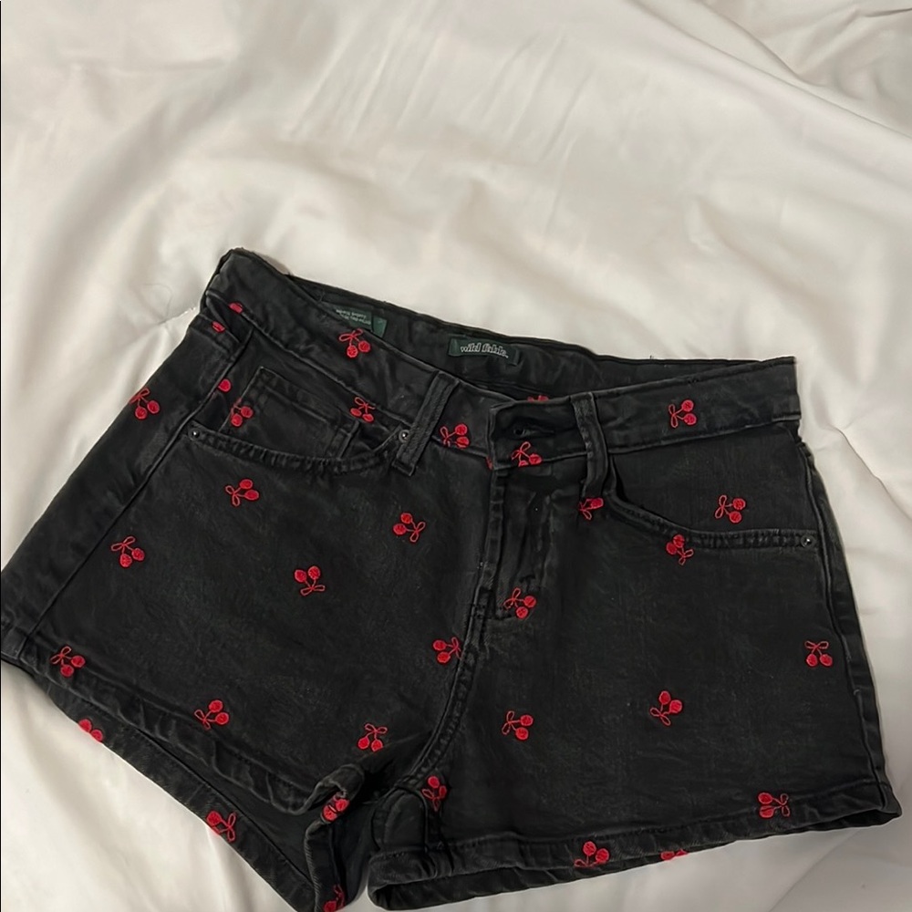 Black Denim Shorts with Red Embroidery
